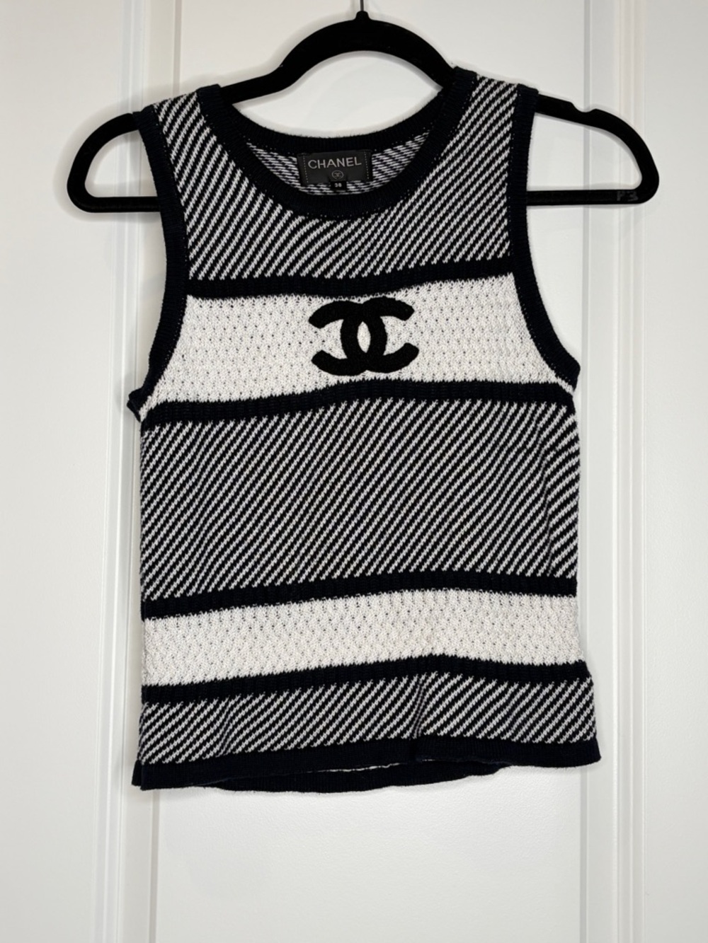 Chanel CC Logo Knit Tank Top Black White Wool Sleeveless Designer
